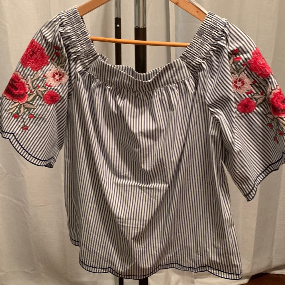 Off the shoulder top with adorable embroidery detail on sleeves.  Never worn!
